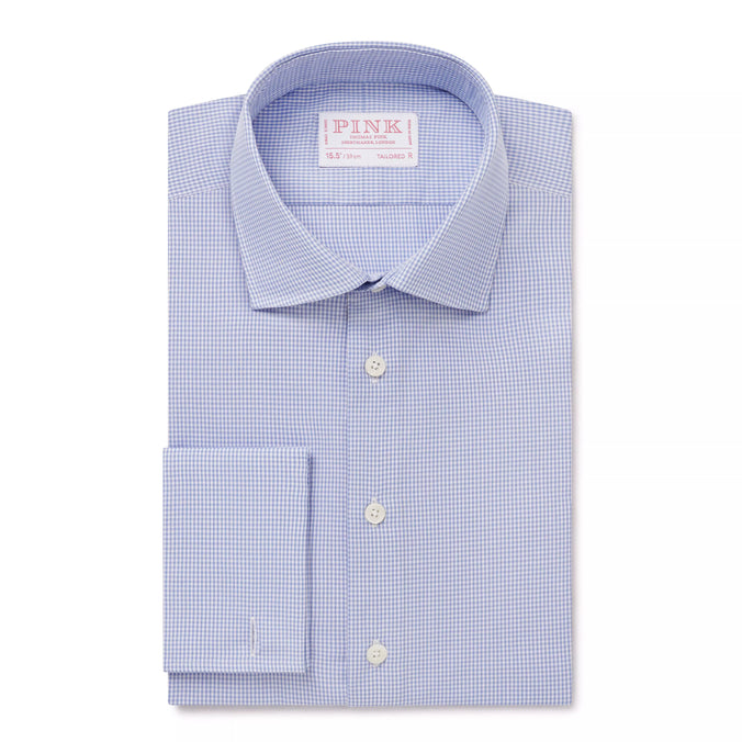 Blue & White Tailored Fit Double Cuff Mini Check Formal Shirt