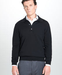 Black Merino Wool Long Sleeve Polo Shirt