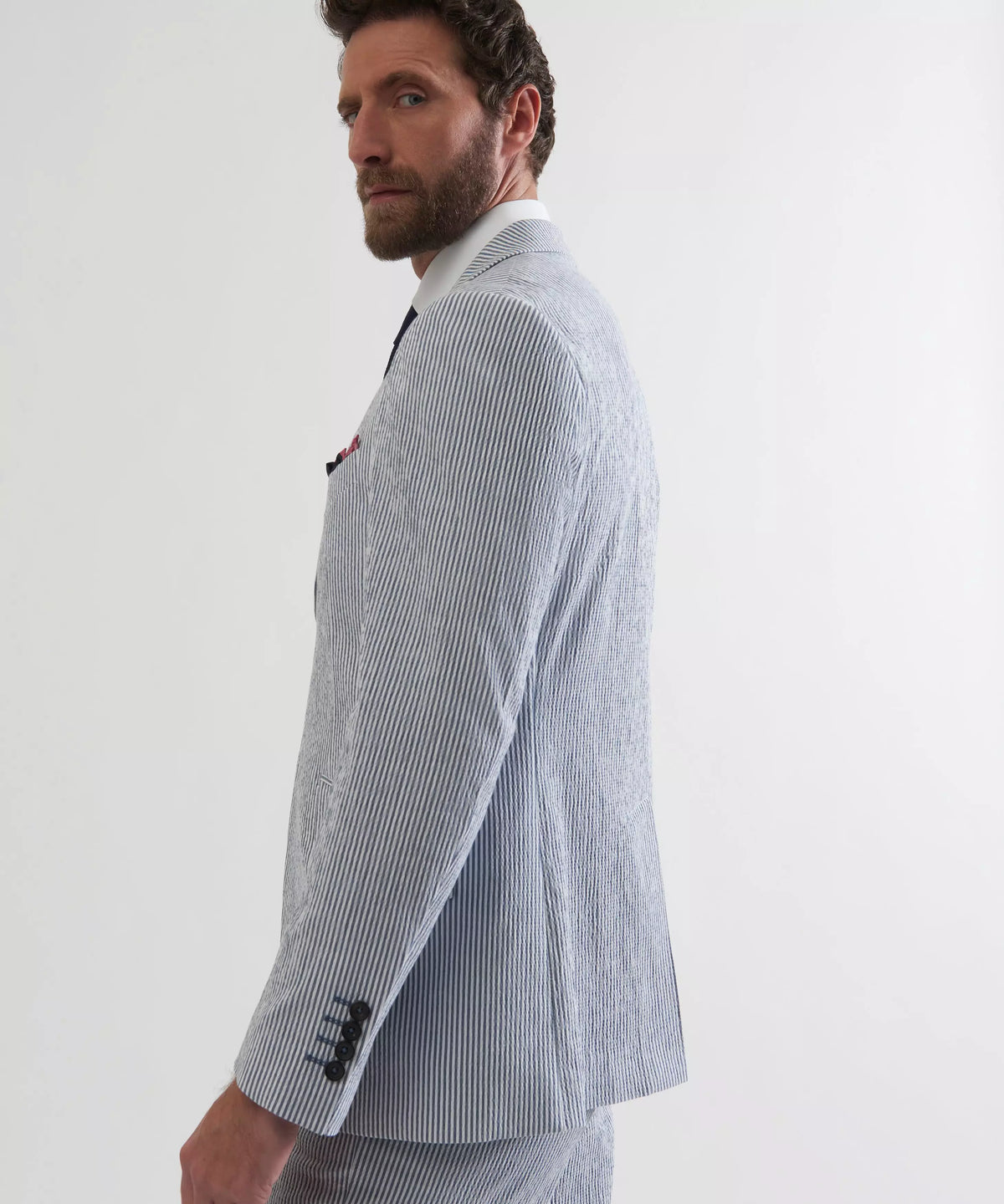 White & Navy Tailored Fit Stripe Seersucker Jacket
