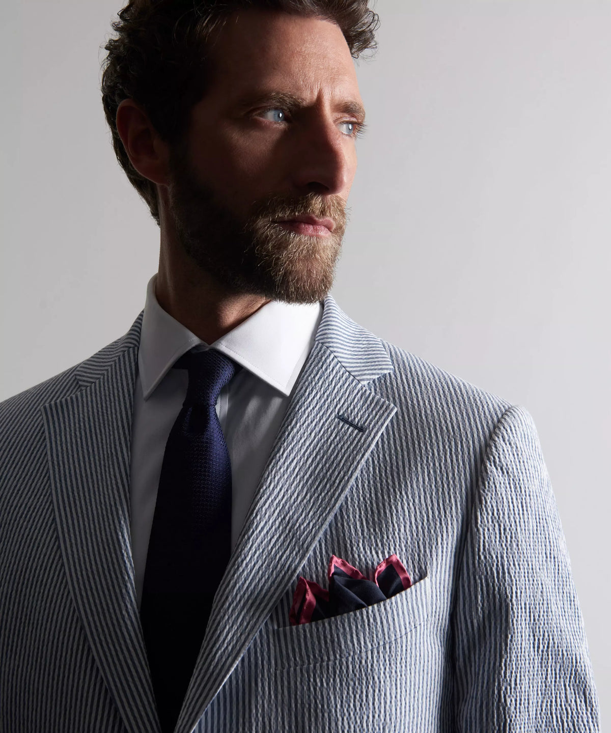 White & Navy Tailored Fit Stripe Seersucker Jacket