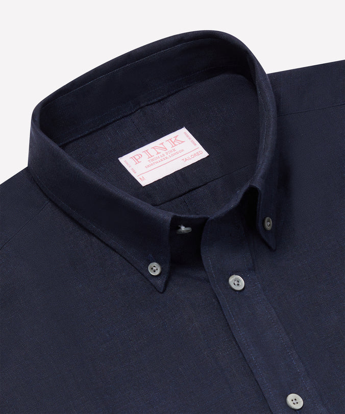 Navy Tailored Fit Essential Linen Button Down Smart Casual Shirt